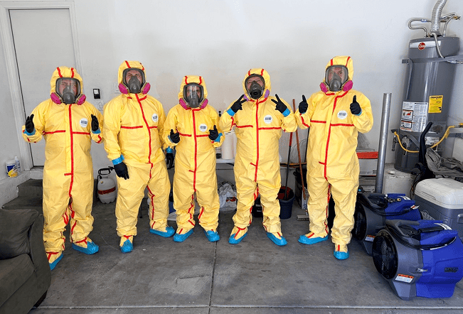 Five people in yellow hazmat suits
