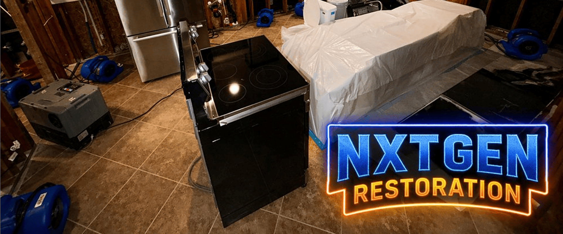 Basement water damage restoration with NXTGEN logo