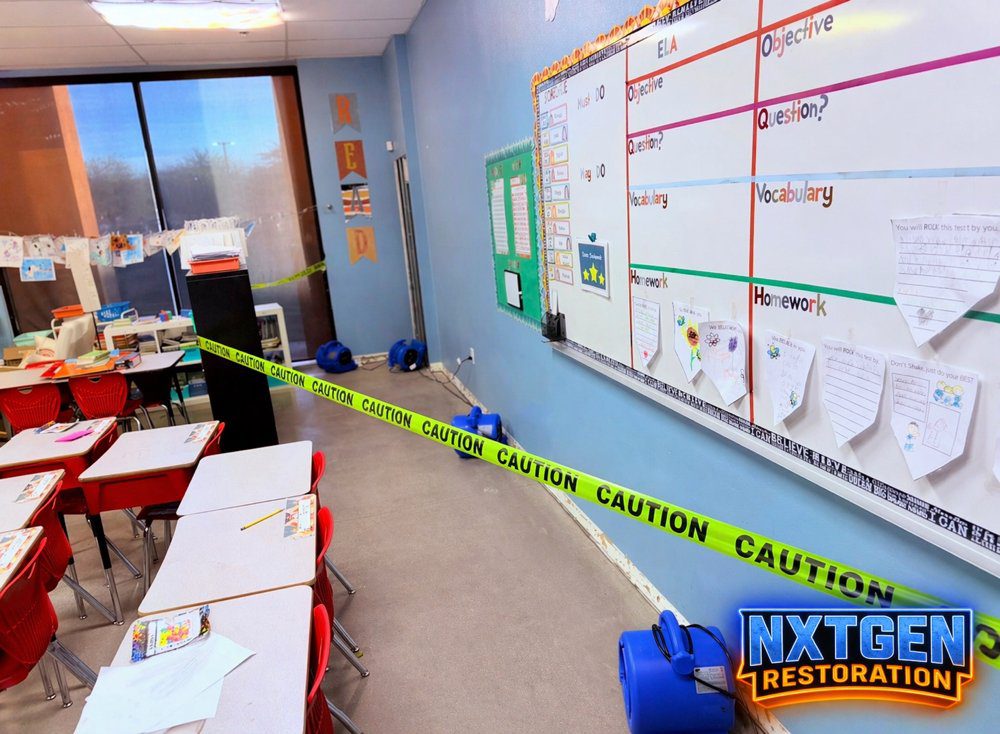 Classroom with caution tape and drying equipment