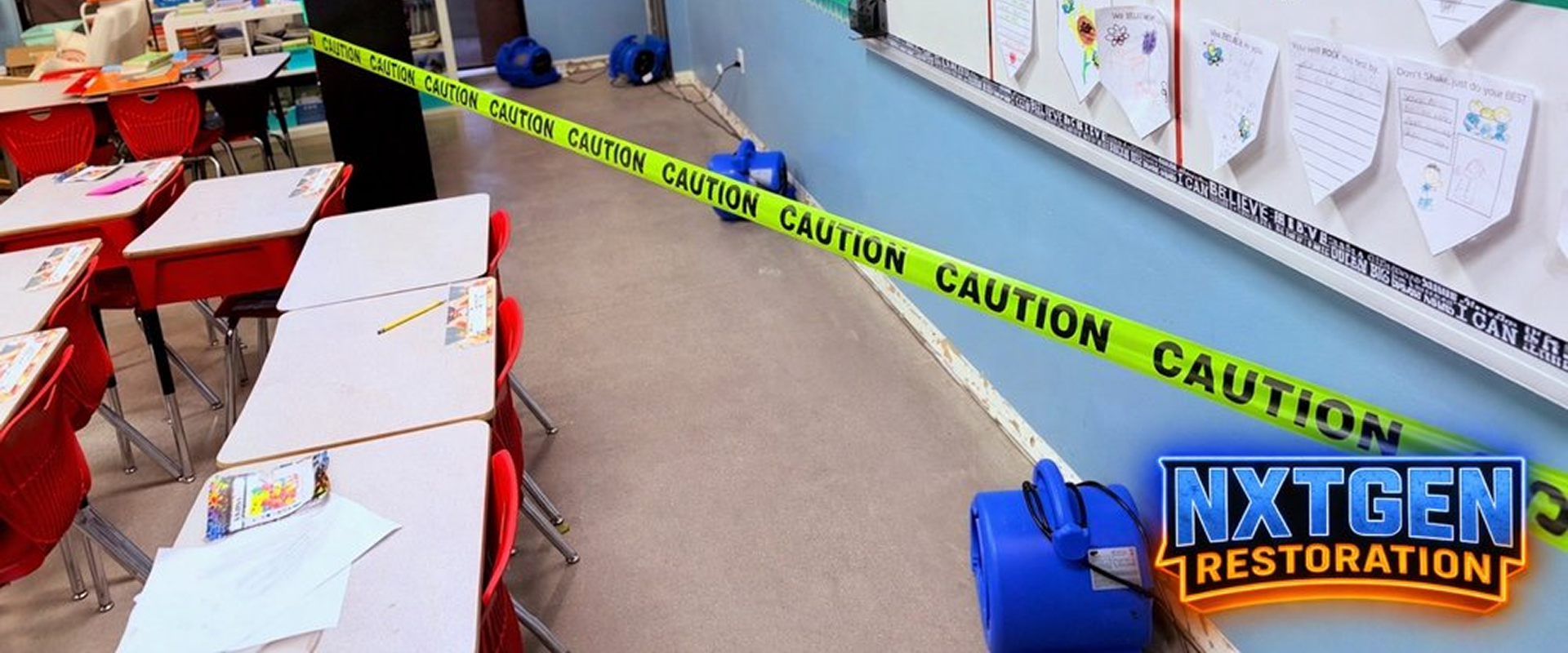 Classroom with caution tape and drying equipment
